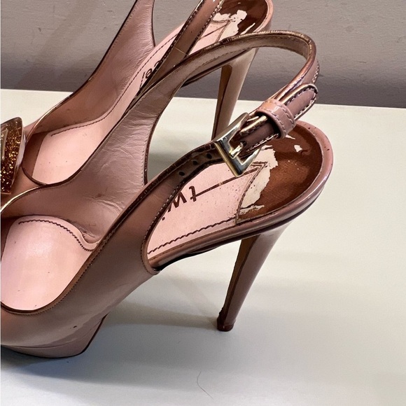 TWICE MADE IN ITAKY Tan Stiletto Slingback Heels WITH COOL SPARKLE DESIGN PIECE - Picture 9 of 9